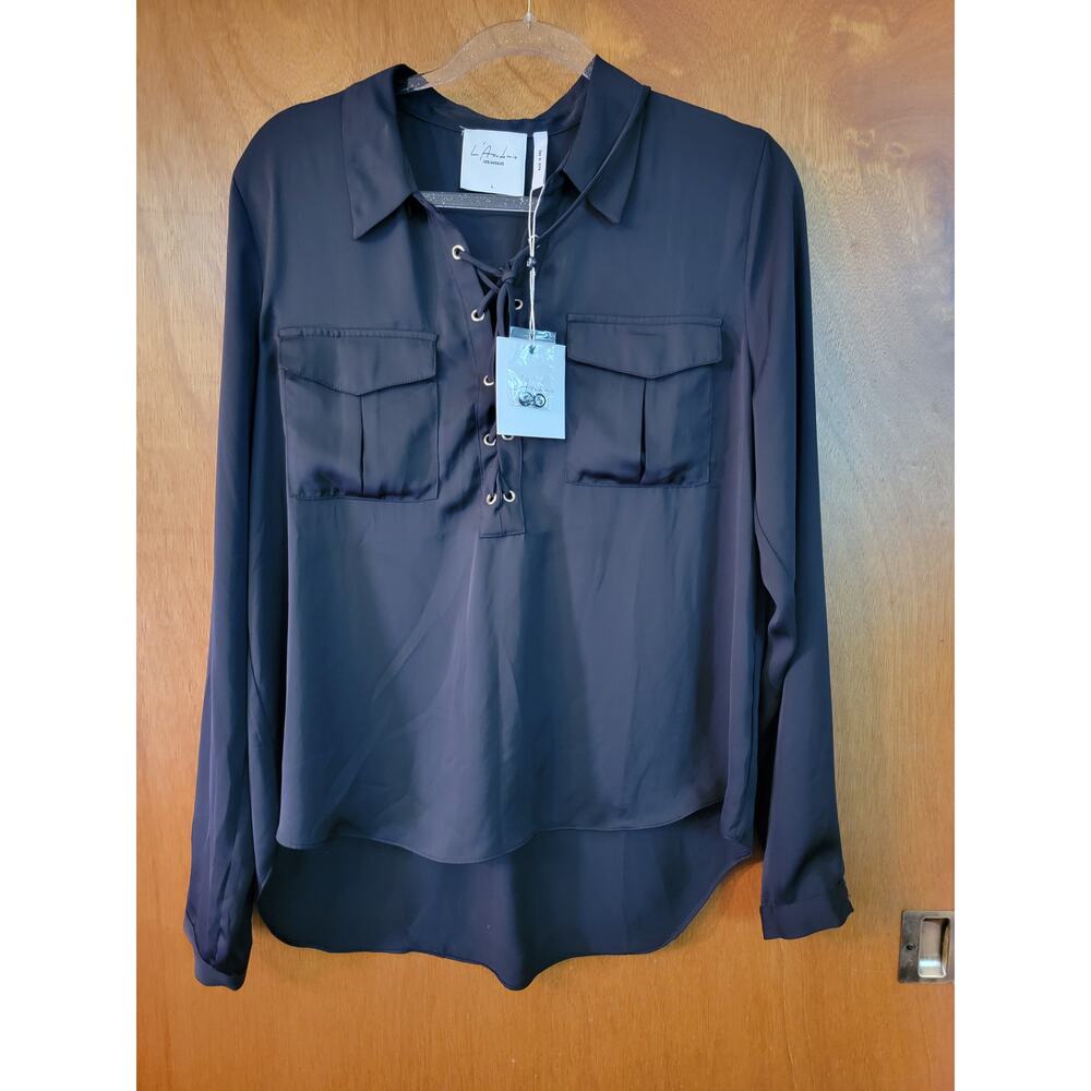 NWT - L'Academie Women's Black Lace Front Blouse - Sz: L Revolve